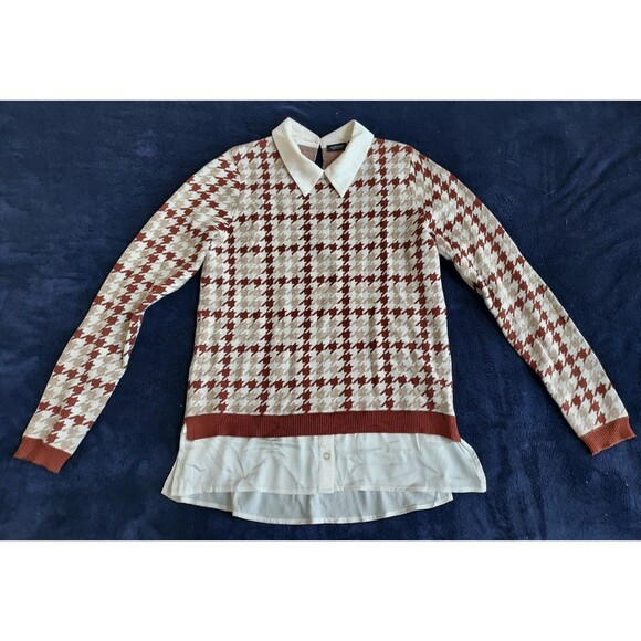 Ladies Jones & Co. Brown/Cream Houndstooth LS Sweater W/Satin Collar Size XS - Picture 1 of 10